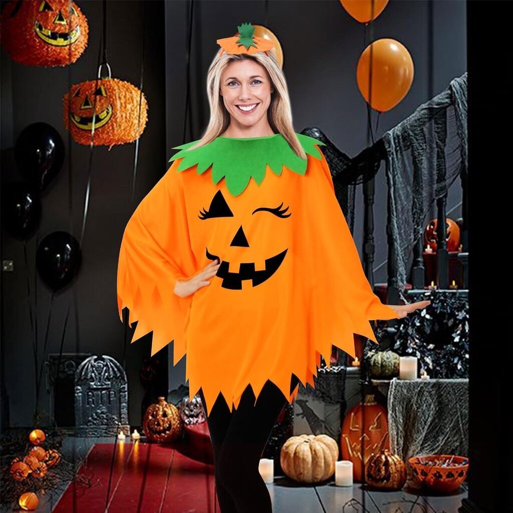 3 kpl Halloween Pumpkin -asu naisille, Pumpkin Poncho aikuisille, päänauha ja laukku, Halloween-asu naisille hinta ja tiedot | Naamiaisasut | hobbyhall.fi