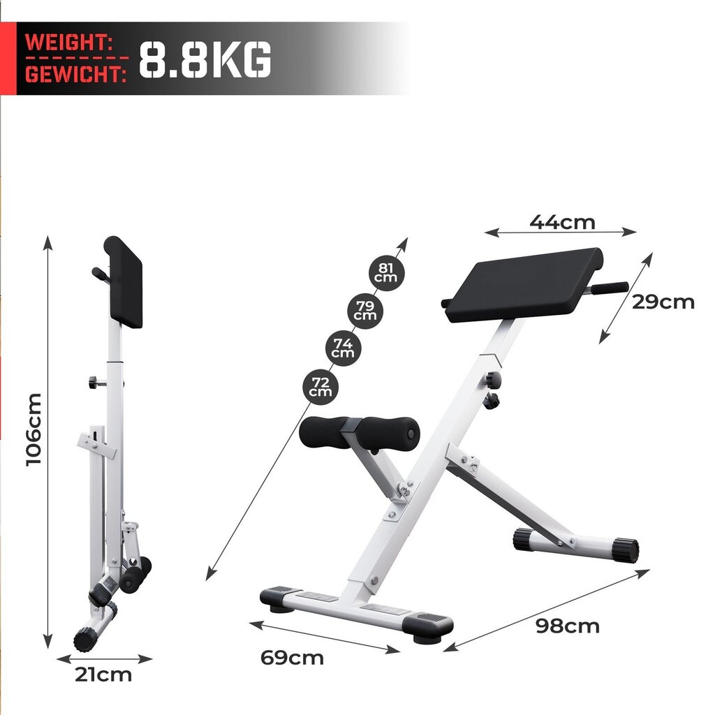 **Selkänojan harjoituslaite - "HB"**, taitettava, säädettävä korkeus, 45°, pehmustettu jalkatuki, maks. kuormitus 120 kg - vatsalihasharjoituslaite. hinta ja tiedot | Treenipenkit | hobbyhall.fi