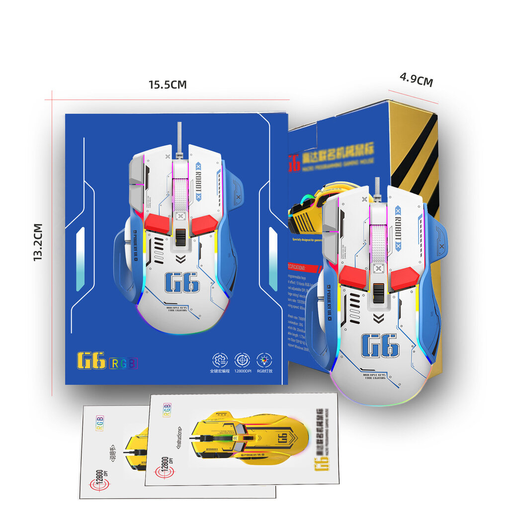 Langallinen pelihiiri, jossa erittäin tarkka anturi ja ergonominen muotoilu G6-12800Dpi Mecha White Game Mouse hinta ja tiedot | Hiiret | hobbyhall.fi