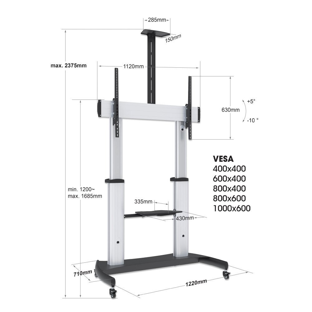 Liikuteltava TV-teline 60-100" jopa 100 kg säädettävillä 2 hyllyllä hinta ja tiedot | TV-seinätelineet | hobbyhall.fi