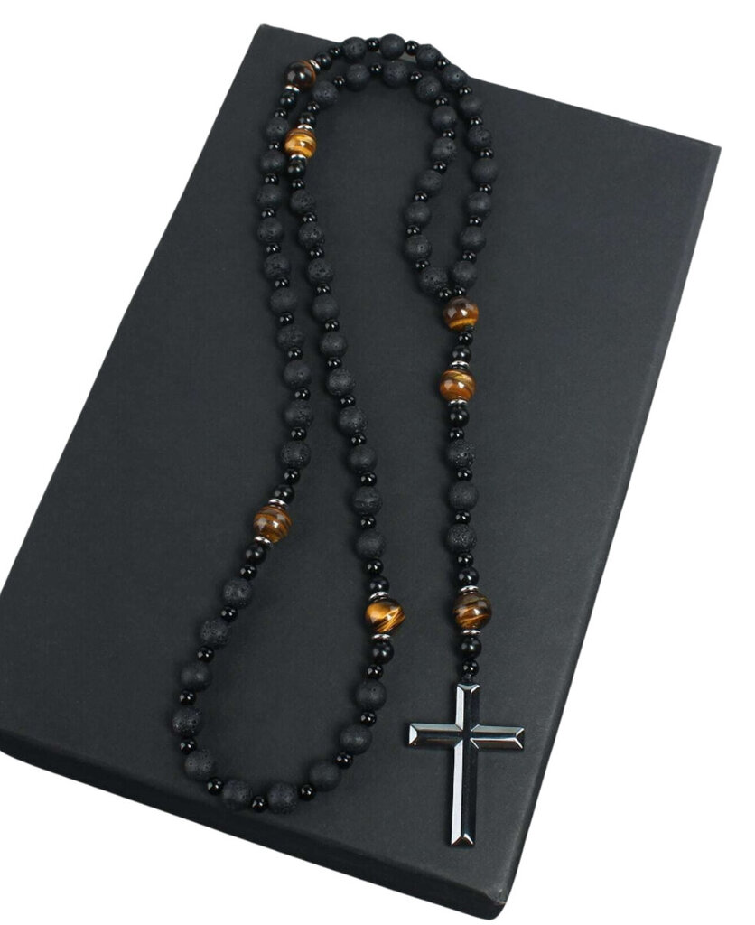 Miesten Rosary Kaulakoru Cross Volcanic Rock Tiger Eye Riipus hinta ja tiedot | Korvakorut | hobbyhall.fi