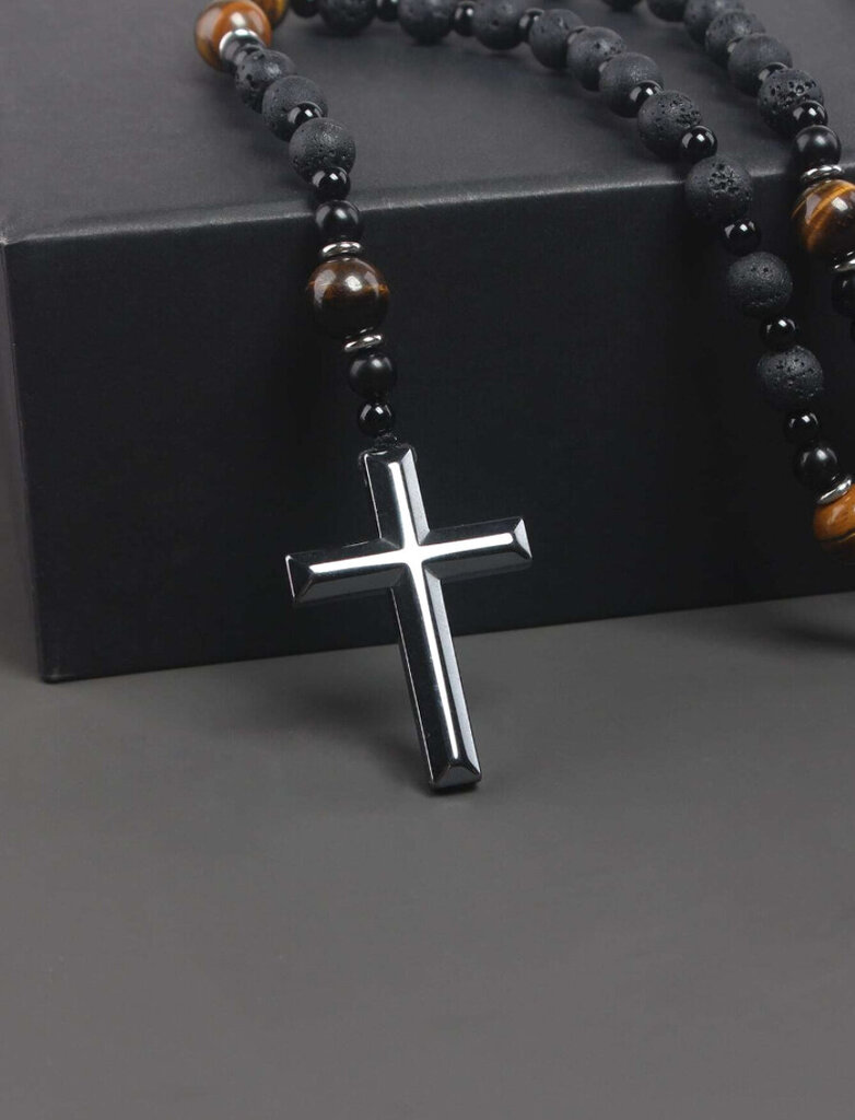 Miesten Rosary Kaulakoru Cross Volcanic Rock Tiger Eye Riipus hinta ja tiedot | Korvakorut | hobbyhall.fi