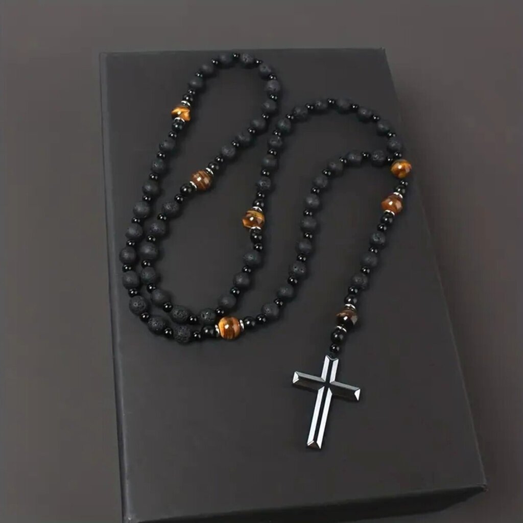 Miesten Rosary Kaulakoru Cross Volcanic Rock Tiger Eye Riipus hinta ja tiedot | Korvakorut | hobbyhall.fi