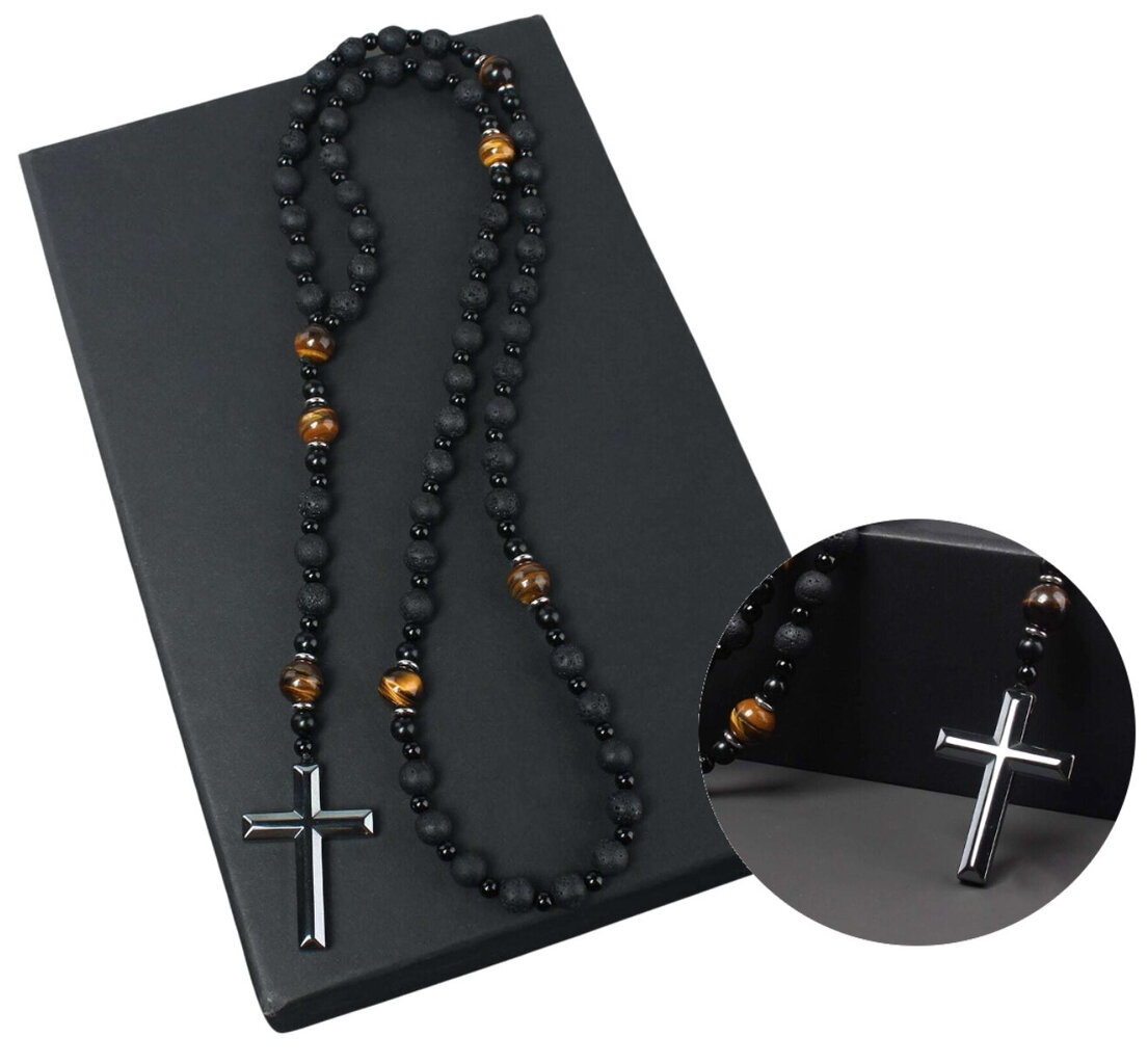 Miesten Rosary Kaulakoru Cross Volcanic Rock Tiger Eye Riipus hinta ja tiedot | Korvakorut | hobbyhall.fi