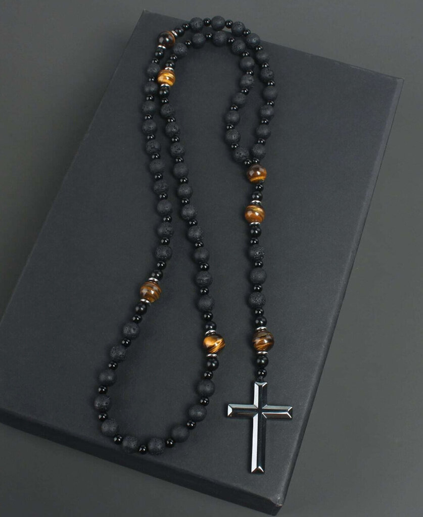 Miesten Rosary Kaulakoru Cross Volcanic Rock Tiger Eye Riipus hinta ja tiedot | Korvakorut | hobbyhall.fi