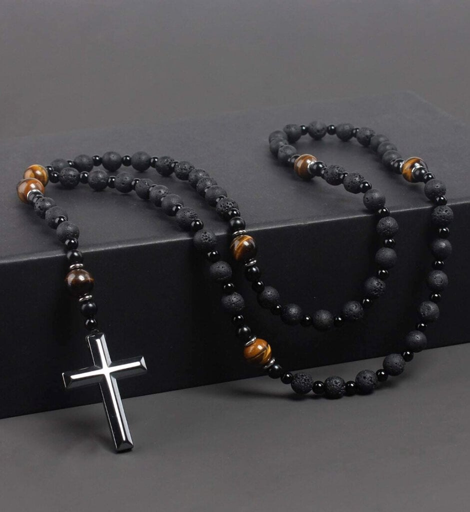 Miesten Rosary Kaulakoru Cross Volcanic Rock Tiger Eye Riipus hinta ja tiedot | Korvakorut | hobbyhall.fi