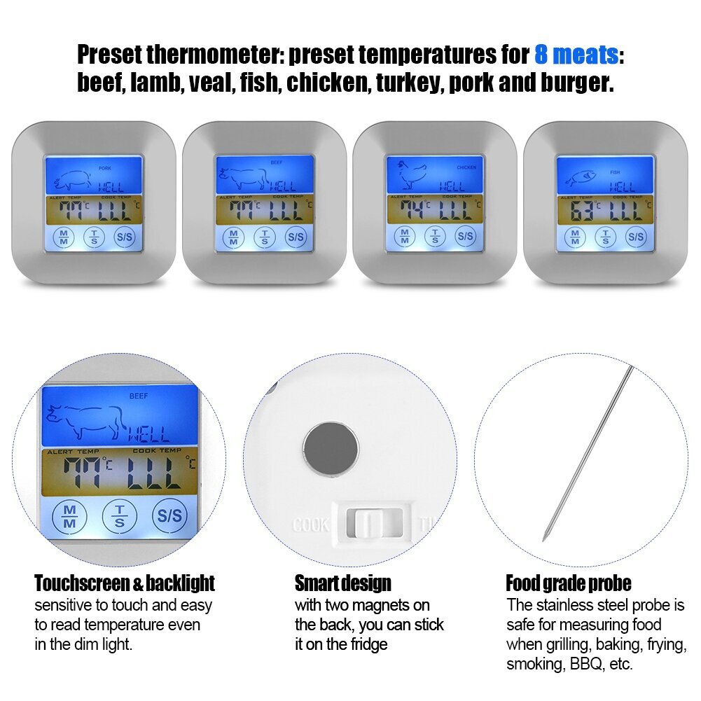 Kosketusnäyttö Digitaalinen ruoka-lihalämpömittari Ajastinvaroitus keittiön BBQ-grilliin hinta ja tiedot | Sääasemat, lämpö- ja kosteusmittarit | hobbyhall.fi