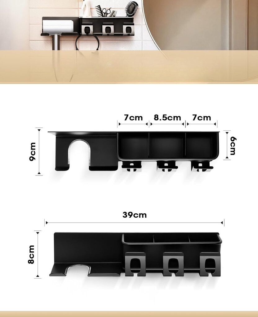 Acelist Hiustenkuivaajan Pidike Musta 39 X 8 X 9 Cm hinta ja tiedot | Kylpyhuoneen sisustus | hobbyhall.fi