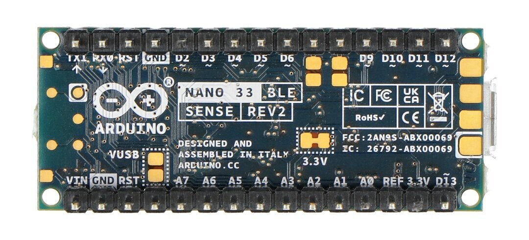 Arduino Nano 33 BLE Sense Rev2 liittimillä ABX00070 hinta ja tiedot | Mikrokontrollerit | hobbyhall.fi