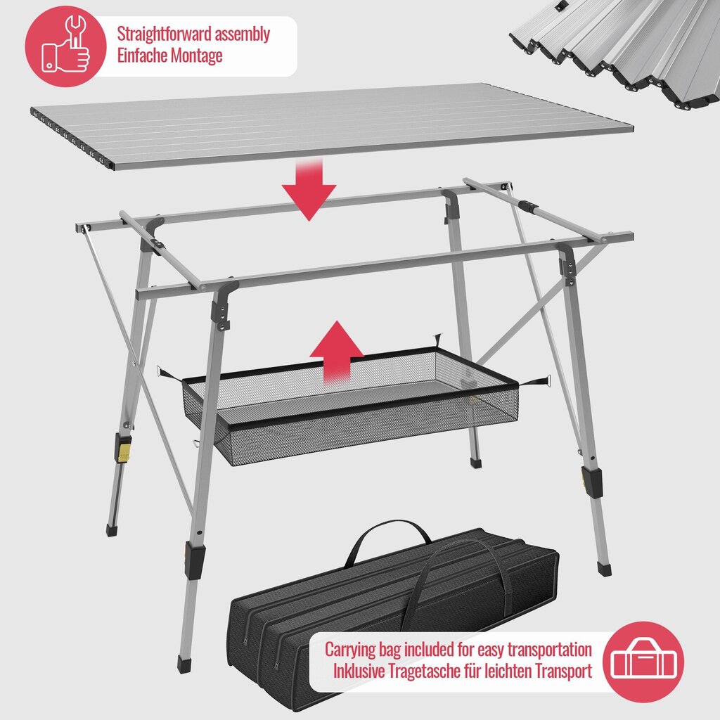Retkipöytä - ''HB'', kokoontaitettava, säädettävä korkeus, 90x45 cm, valmistettu alumiinista, mukana kantolaukku, säilytystila, kevyt, ulko-/sisäkäyttöön, musta/hopea. hinta ja tiedot | Puutarhapöydät | hobbyhall.fi
