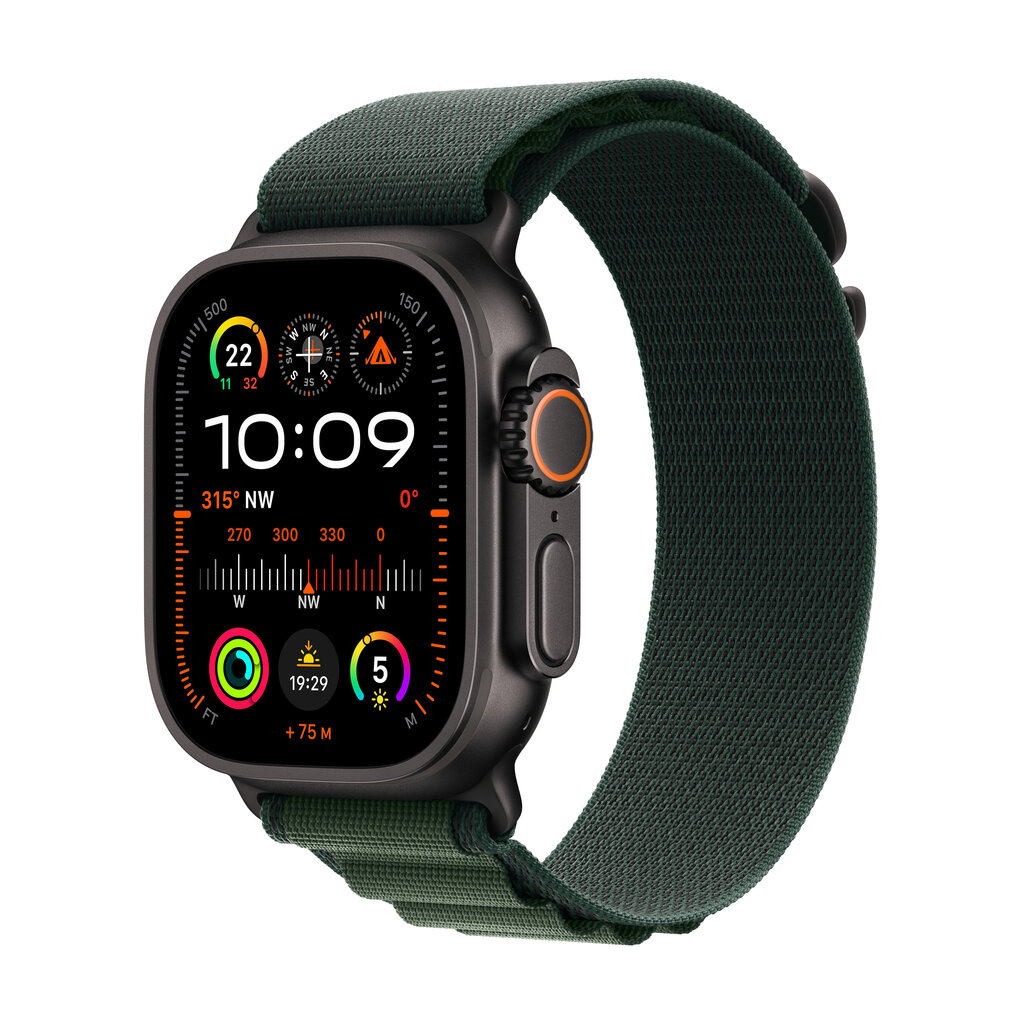 Apple Watch Ultra 2 GPS + Cellular 49mm Black Titanium Case with Dark Green Alpine Loop - Medium MX4R3EL/A hinta ja tiedot | Älykellot | hobbyhall.fi