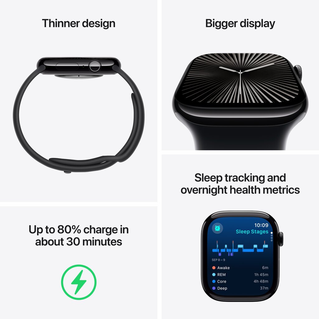 Apple Watch Series 10 GPS + Cellular 42mm Jet Black Aluminium Case with Black Sport Band - S/M MWX63ET/A hinta ja tiedot | Älykellot | hobbyhall.fi