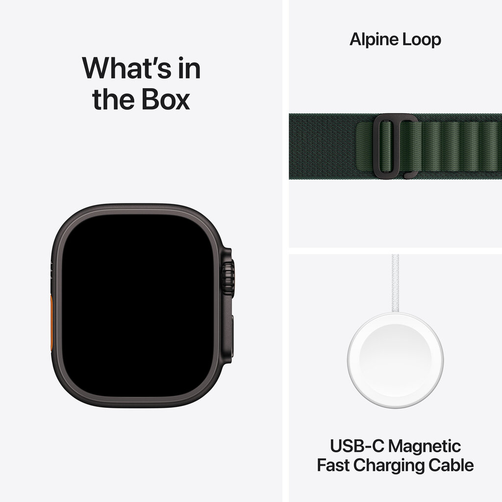 Apple Watch Ultra 2 GPS + Cellular 49mm Black Titanium Case with Dark Green Alpine Loop - Large MX4T3UL/A hinta ja tiedot | Älykellot | hobbyhall.fi