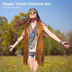 Hippie Costume Set, 60s 70s Naisten Hippie Costume Accessories Set, Sisältää Tassel Vest & Boho Headband & Tassel Korvakorut & Aurinkolasit, hihaton Frin hinta ja tiedot | Naamiaisasut | hobbyhall.fi