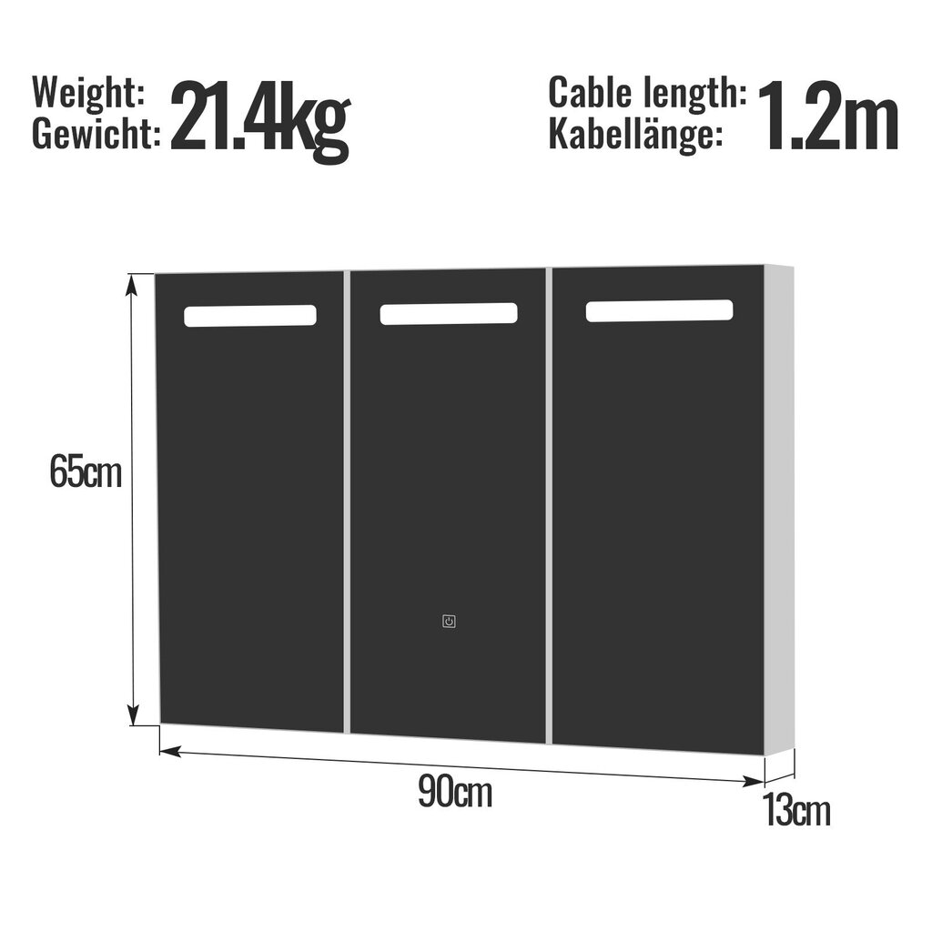 Kylpyhuoneen peilikaappi valaistuksella – 90x65 cm, 3 ovea, LED, pistorasia, kosketuskytkin – seinälle ripustettava kylpyhuoneen peilikaappi. hinta ja tiedot | Peilit | hobbyhall.fi