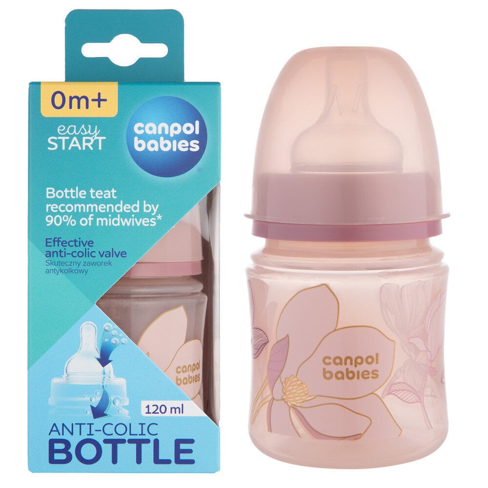 CANPOL EasyStart GOLD -pulloton tuttipullo 120 ml, vaaleanpunainen hinta ja tiedot | Tuttipullot ja tarvikkeet | hobbyhall.fi