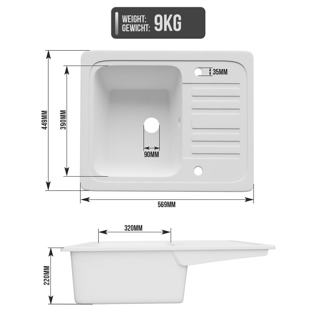 Allas - graniittia, setti, ''HB'', noin 56,9 x 44,9 cm, valkoinen hana, suorakulmainen, upotettava komposiittiallas. hinta ja tiedot | Pesualtaat | hobbyhall.fi