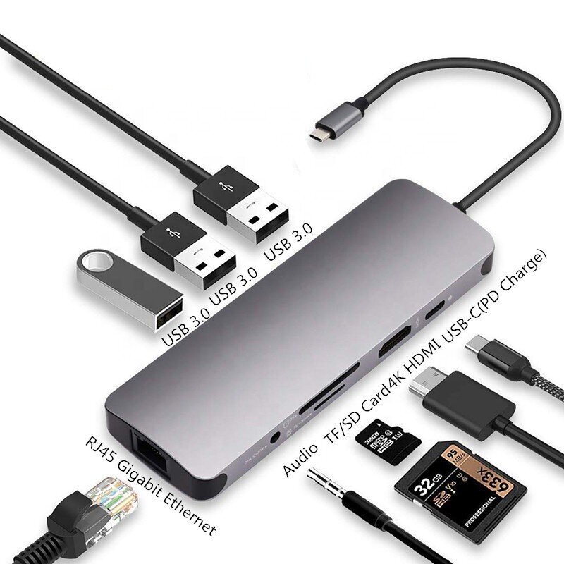 Kannettava tietokonesovitin Co2 Hub 9in1 for Mac Book Pro USB-C HDMI 4K SD-kortti Micro SD-kortti Gigabit Ethernet 3,5 mm liitin USB-C Space Harmaa väri hinta ja tiedot | Adapterit | hobbyhall.fi