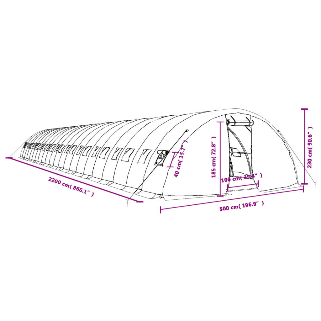 vidaXL Kasvihuone teräsrungolla valkoinen 110 m² 22x5x2,3 m hinta ja tiedot | Kasvihuoneet | hobbyhall.fi