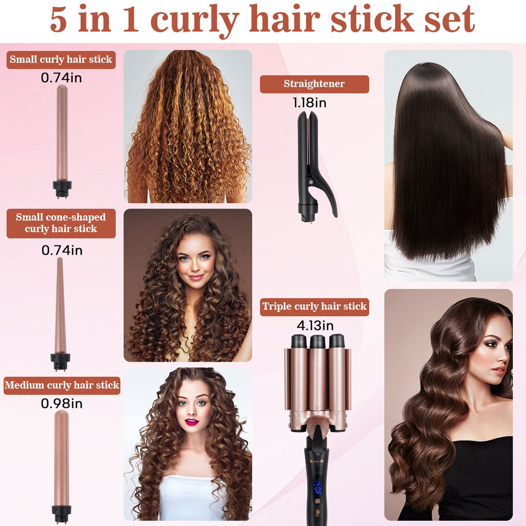 Wand Curling Iron Vaihdettava kolminkertainen kiharrin sauvasarja Kihartaja ja Waver, Curl Hair Styler työkalu hiustyökalulle hinta ja tiedot | Suoristusraudat ja kihartimet | hobbyhall.fi