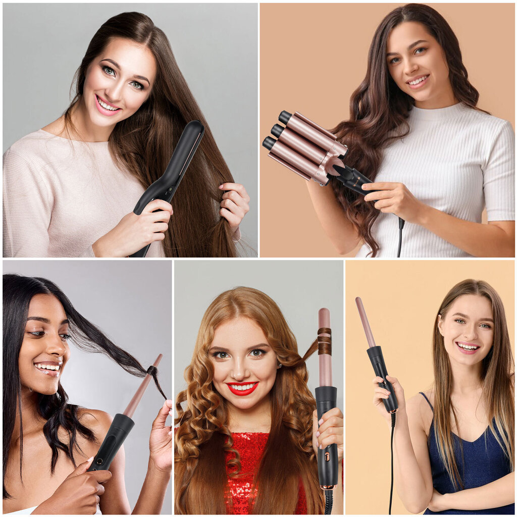 Wand Curling Iron Vaihdettava kolminkertainen kiharrin sauvasarja Kihartaja ja Waver, Curl Hair Styler työkalu hiustyökalulle hinta ja tiedot | Suoristusraudat ja kihartimet | hobbyhall.fi