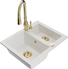 Granitiittinen keittiöallas Mexen Carlos hanalla ja vesilukolla, White/Gold hinta ja tiedot | Keittiöaltaat | hobbyhall.fi