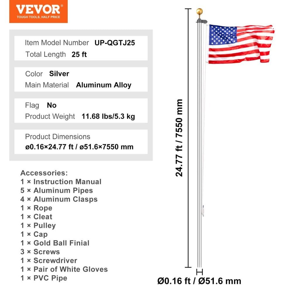 Teleskooppinen lippusalko Vevor, 7,55 m, hopea hinta ja tiedot | Liput | hobbyhall.fi