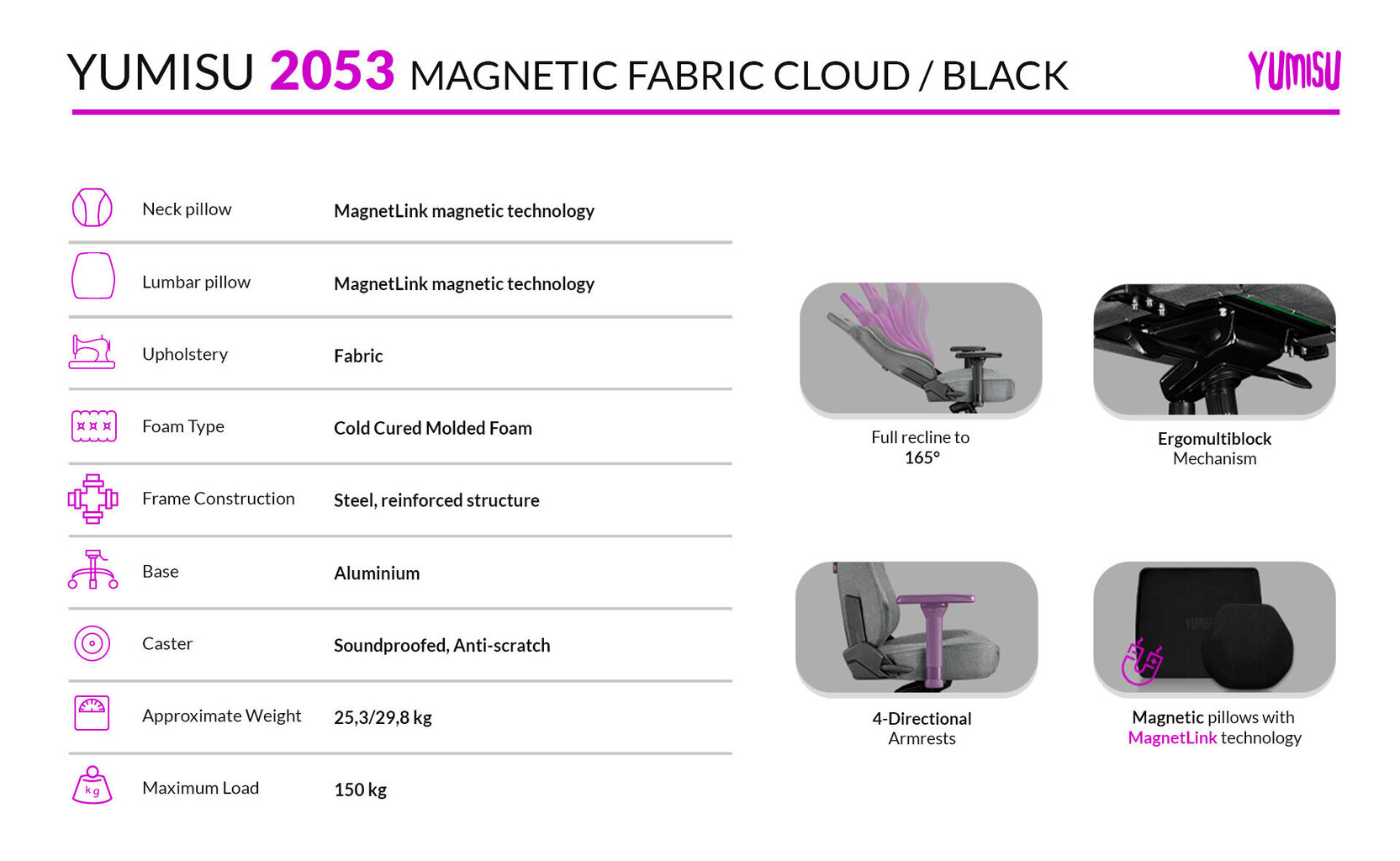 Tietokonetuoli, Yumisu 2053 Magnetic Cloud Black, pelituoli, vaaleanharmaa-musta kangasverhoilu hinta ja tiedot | Toimistotuolit | hobbyhall.fi