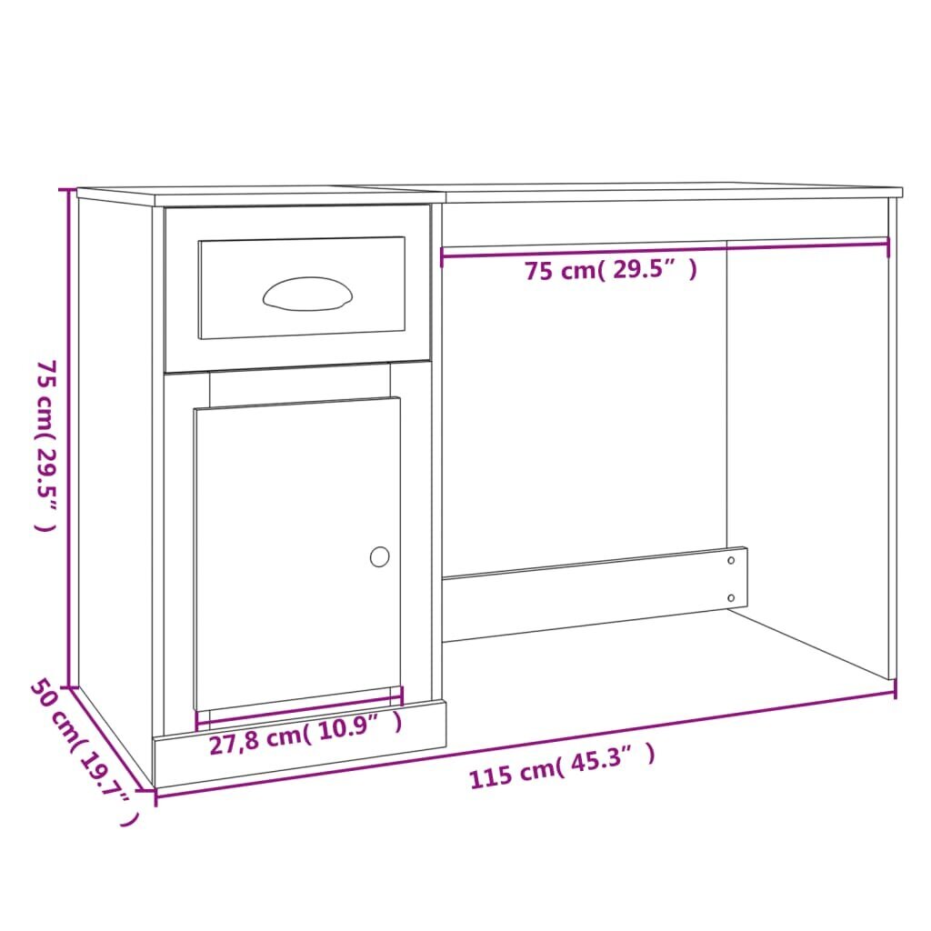 vidaXL Työpöytä laatikolla ruskea tammi 115x50x75 cm tekninen puu hinta ja tiedot | Tietokonepöydät ja työpöydät | hobbyhall.fi