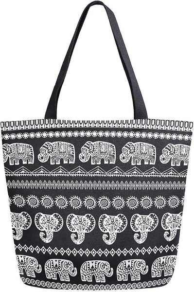 Suuri kangaskassi Ethnic Elephant Boho Black Shopping Olkalaukku