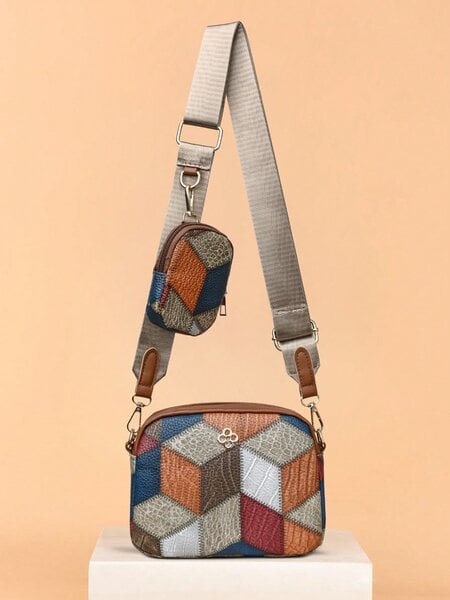 Geometrinen kuvio & Colorblock Design koristeltu Crossbody laukku laitteiston yksityiskohdilla ja pienellä kukkarolla, sopii naisten päivittäiseen käyttöön