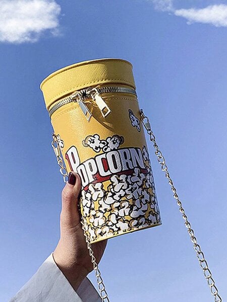 Popcorn Design Bucket -laukku, Trendikäs Chain Crossbody -laukku, Creative sylinterikukkaro naisille, PU-nahakuvioinen laukkukukkaro, Fancy Fashion -olkalaukku