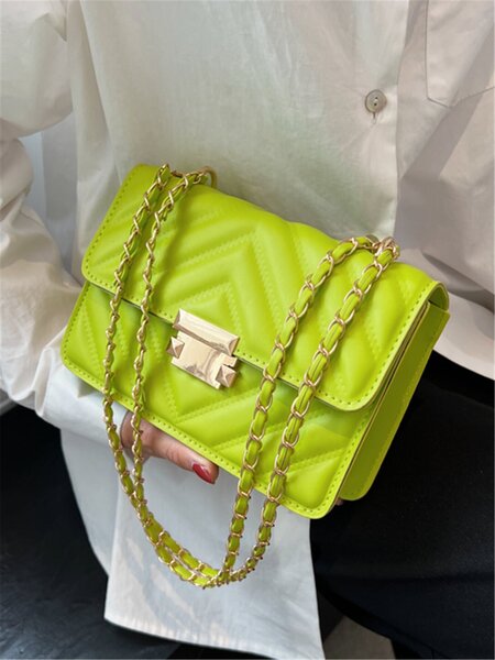 Mini Neon Lime Chevron Flap Ketju Neliömäinen Laukku Chevron Tikattu Crossbody Laukku, Trendikäs Mini Ketju Olkalaukku, Naisten tekonahkainen läppäkukkaro