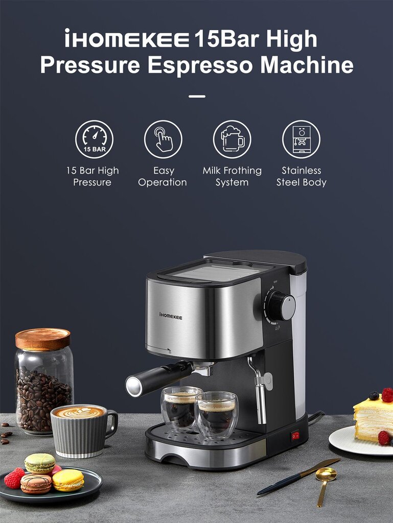 Ihomekee Espresso Machine 15 baarin pumppupaine, espresso- ja cappuccino-kahvinkeitin maidonvaahdottimella/höyrysauvalla latteelle, mokkalle, cappuccinolle, hopealle hinta ja tiedot | Intiimipesutuotteet | hobbyhall.fi