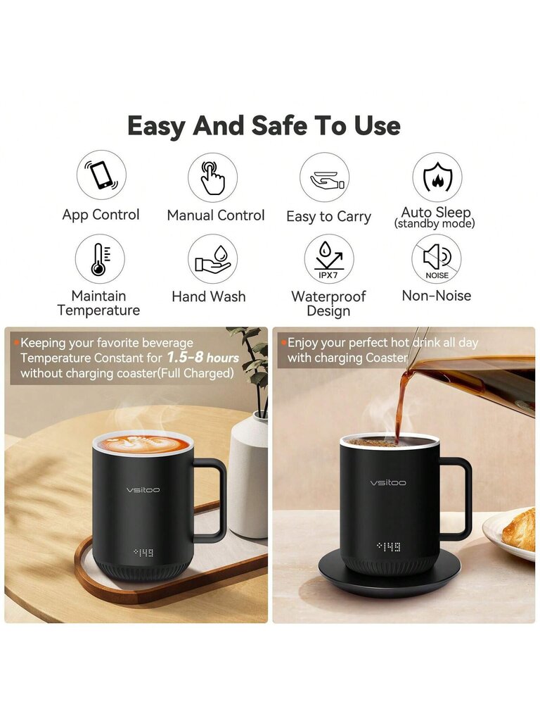 Vsitoo S3 Lämpötilansäädin Smart Mug 2 Kannella, Itsekuumeneva kahvimuki 10 Oz, LED-näyttö, 90 minuutin akunkesto - Sovellus- ja manuaalisesti ohjattu lämmitetty kahvi hinta ja tiedot | Intiimipesutuotteet | hobbyhall.fi