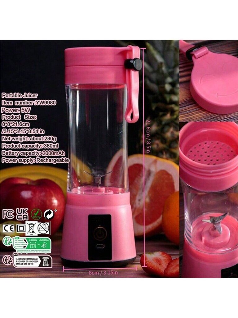 Henkilökohtainen kannettava tehosekoitin, minimehusekoitin, USB-ladattava pienikokoinen tehosekoitin smoothieille ja pirtelöille, mini Juicer Cup Travel 380 ml, mehu, maito, 5 hinta ja tiedot | Intiimipesutuotteet | hobbyhall.fi