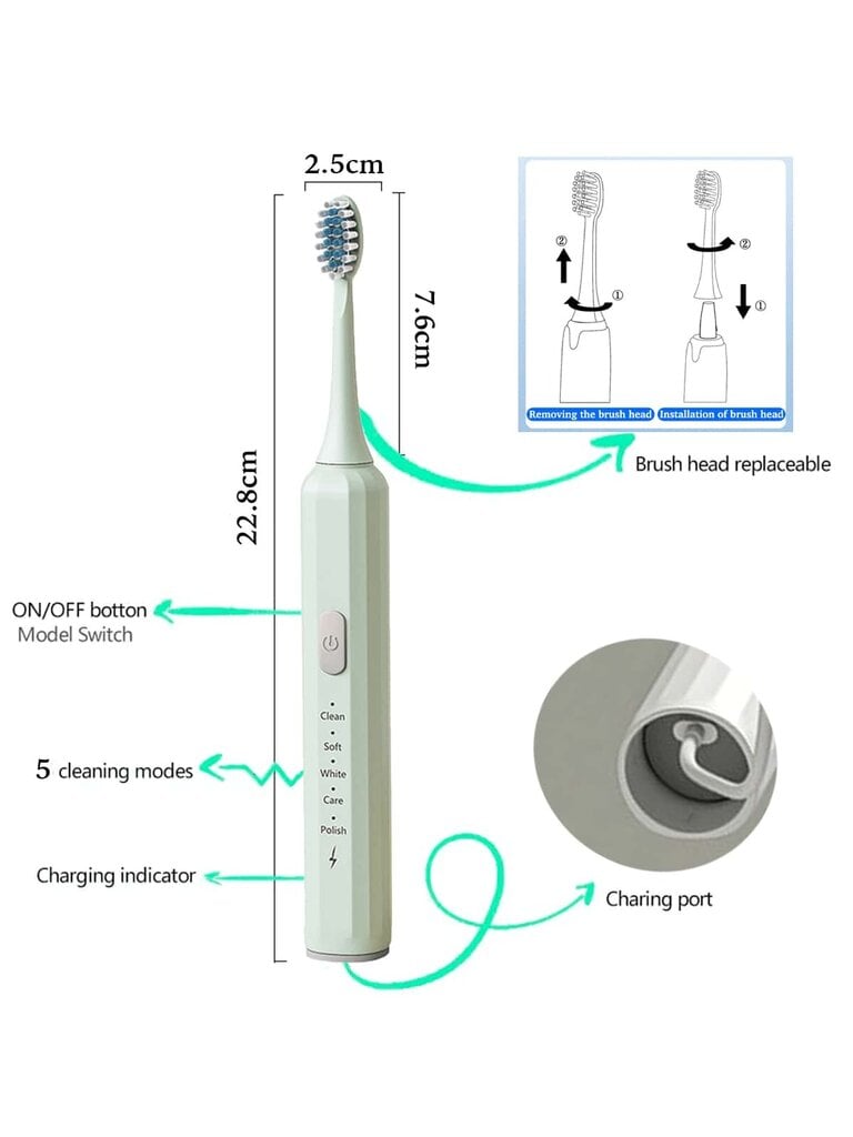 Sonic-sähköhammasharja 5 tilassa ja älykkäällä ajastimella - Unisex - Ladattava USB-sähköhammasharja hampaiden ja ikenien tehokkaaseen puhdistamiseen, valkoinen hinta ja tiedot | Intiimipesutuotteet | hobbyhall.fi