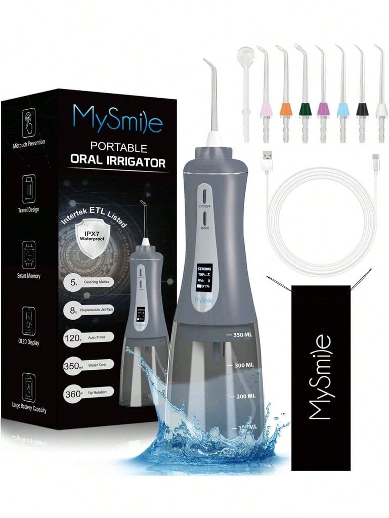 MySmile Tehokas johdoton 350 ml Water Flosser Kannettava OLED-näytöllinen suuhuuhtelulaite, jossa on 5 painetilaa, 8 vaihdettavaa suutinta ja säilytyspussi hinta ja tiedot | Intiimipesutuotteet | hobbyhall.fi