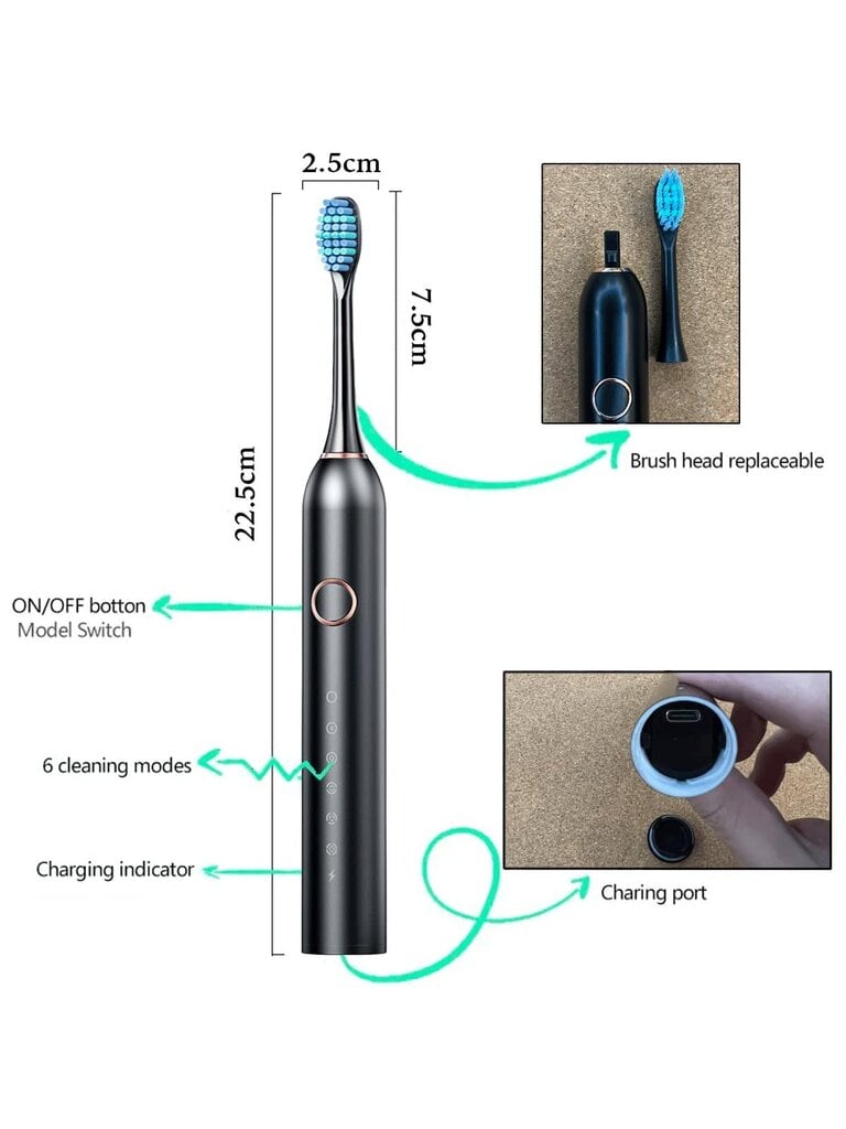 Sähköinen Sonic-hammasharja, jossa 6 tilaa ja älykäs ajastin - Unisex - Puhdistaa tehokkaasti hampaat ja ikenet, ladattava USB:n kautta, mukana 4/8 vaihtoa H hinta ja tiedot | Intiimipesutuotteet | hobbyhall.fi