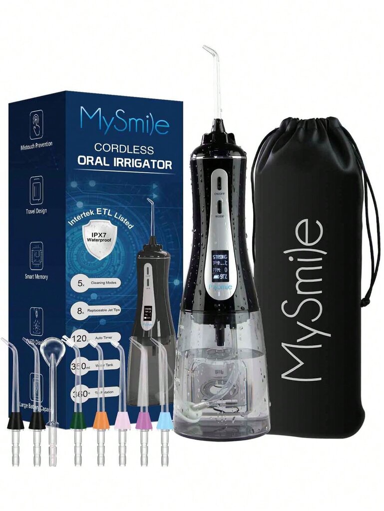 MySmile Tehokas johdoton 350 ml Water Flosser Kannettava OLED-näytöllinen suuhuuhtelulaite, jossa on 5 painetilaa, 8 vaihdettavaa suutinta ja säilytyspussi hinta ja tiedot | Intiimipesutuotteet | hobbyhall.fi