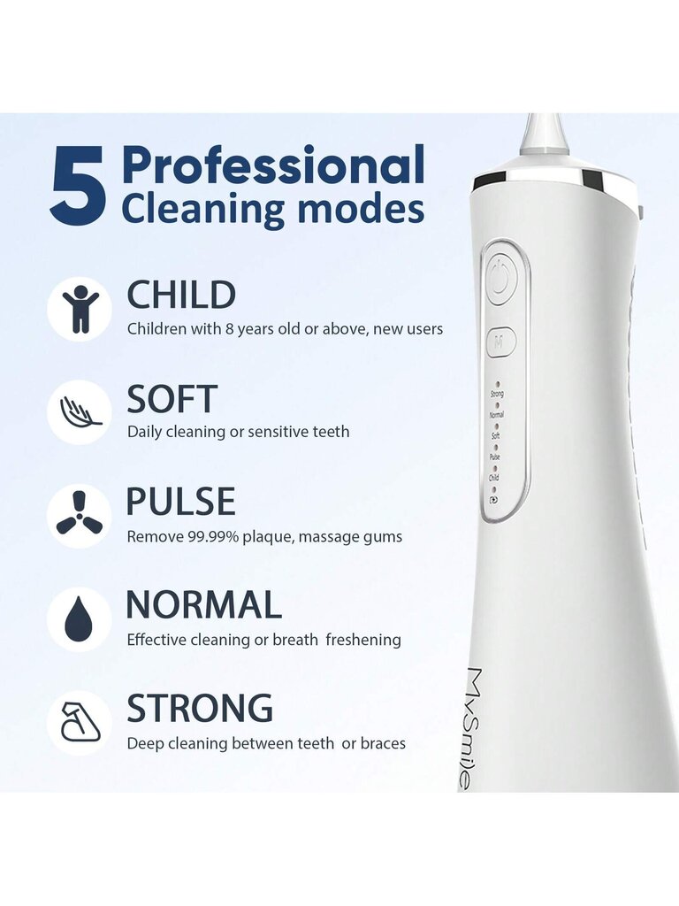 MySmile Water Dental Flosser hampaille Langaton suuhuuhtelulaite 5 puhdistustilaa 4 vaihdettavaa suutinkärkeä IPX 7 vedenpitävä USB ladattava vesihammashoito hinta ja tiedot | Intiimipesutuotteet | hobbyhall.fi