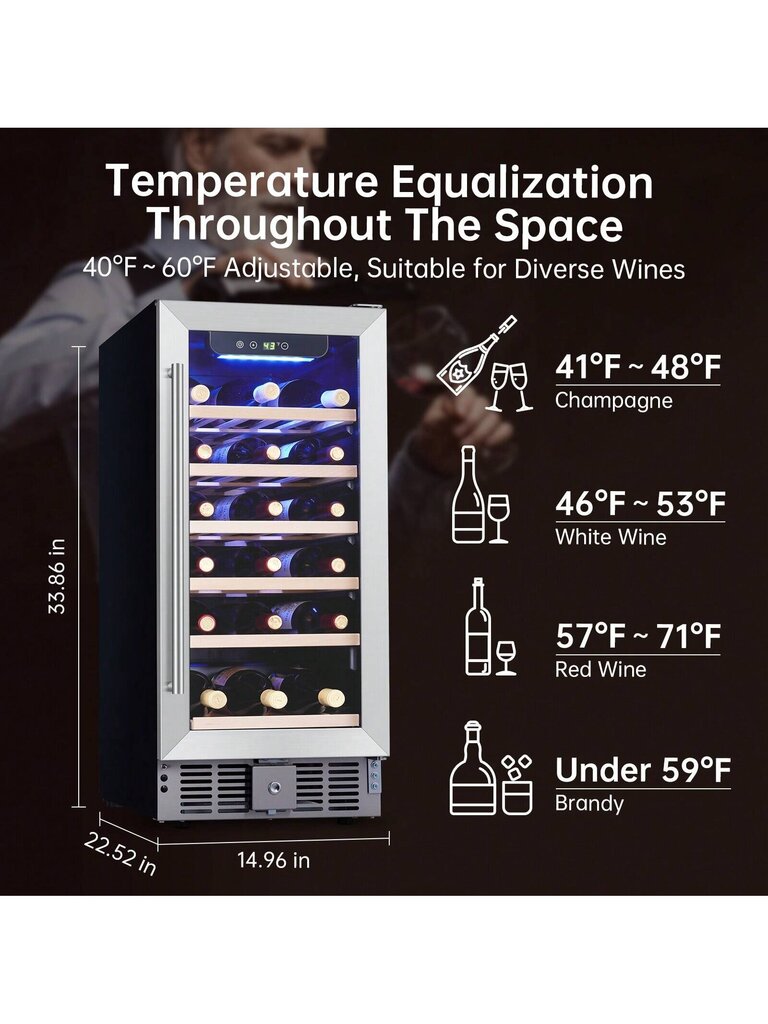 Viininjäähdytin, säädettävä lämpötila 40–60 °F, ruostumattomasta teräksestä valmistettu viininjäähdytin, turvalukolla (30 pulloa, 2,9 Cu.Ft) hinta ja tiedot | Intiimipesutuotteet | hobbyhall.fi