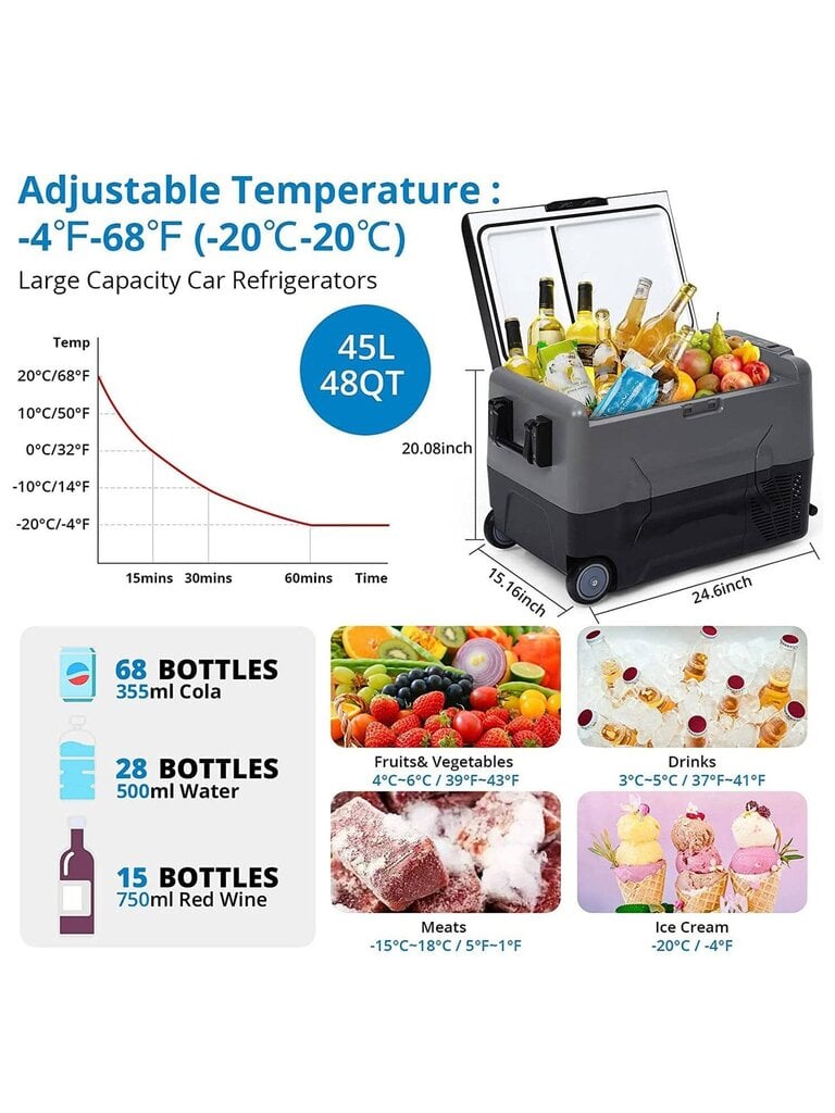 12 V jääkaappi, 48 Quart 12 V autojääkaappi, kannettava pakastin 12/24 V DC & 110-240 V AC, asuntoautojääkaappi, kaksivyöhyke APP Control, 48 Quart (45 L) -4 ℉- hinta ja tiedot | Intiimipesutuotteet | hobbyhall.fi