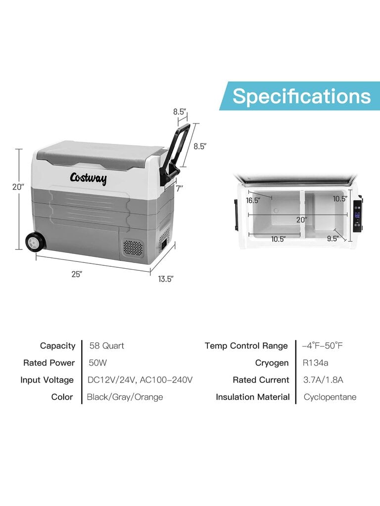 Costway 58 Quarts Autojääkaappi Kannettava asuntoautopakastin kaksivyöhykkeellä pyörällä hinta ja tiedot | Intiimipesutuotteet | hobbyhall.fi