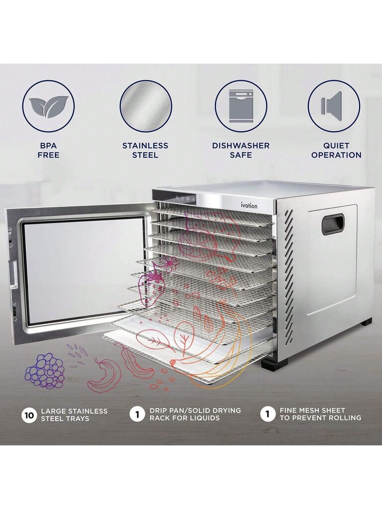 IVATION Ivation 10 alusta kaupallinen elintarvikekuivauskone, 1000w, digitaalinen säädettävä ajastin ja lämpötilan säätö, kuivausrumpu nykäisylle, yrteille, lihalle, naudanlihalle hinta ja tiedot | Intiimipesutuotteet | hobbyhall.fi