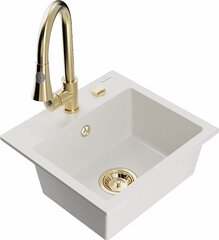 Granitiittinen keittiöallas Mexen Milo hanalla ja vesilukolla, White/Gold hinta ja tiedot | Keittiöaltaat | hobbyhall.fi