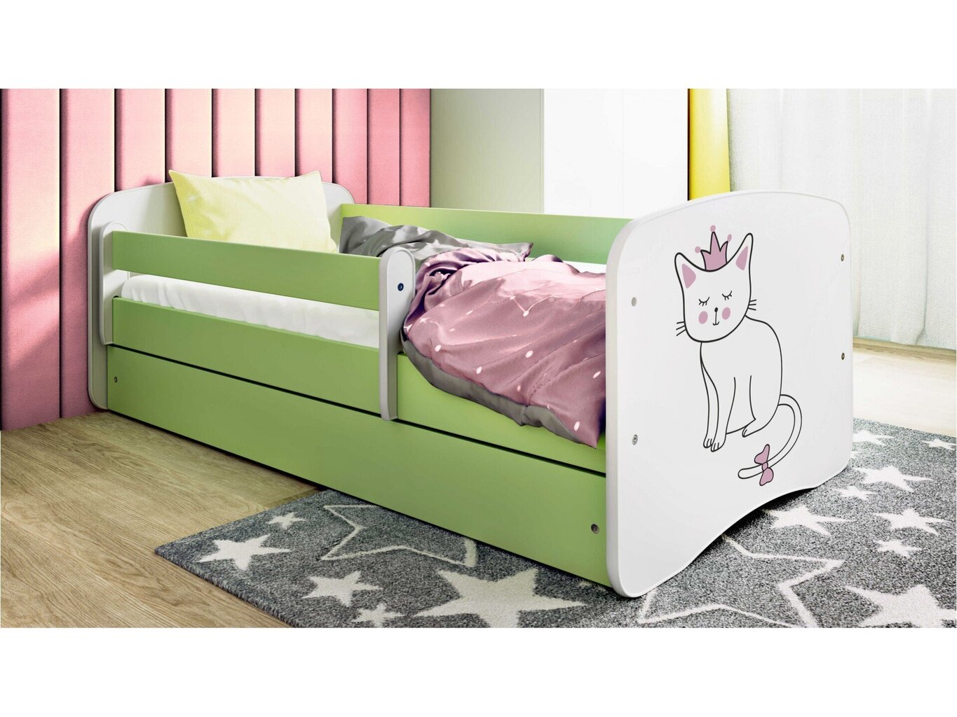 Lastensänky patjalla Kocot Kids BabyDreams Green cat, vihreä/valkoinen hinta ja tiedot | Lastensängyt | hobbyhall.fi