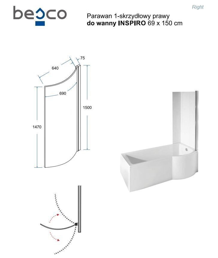 Kylpyamme Besco Inspiro lasiseinällä ja viimeistelyllä, 150x70 cm, oikeakätinen hinta ja tiedot | Kylpyammeet | hobbyhall.fi