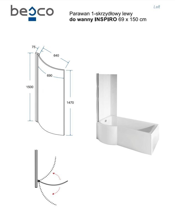 Kylpyamme Besco Inspiro lasiseinällä ja viimeistelyllä, 170x70 cm, vasenkätinen hinta ja tiedot | Kylpyammeet | hobbyhall.fi