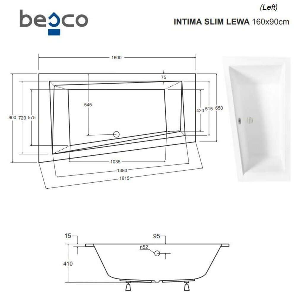 Kylpyamme Besco Intima Slim, 160x90 cm, vasenkätinen hinta ja tiedot | Kylpyammeet | hobbyhall.fi